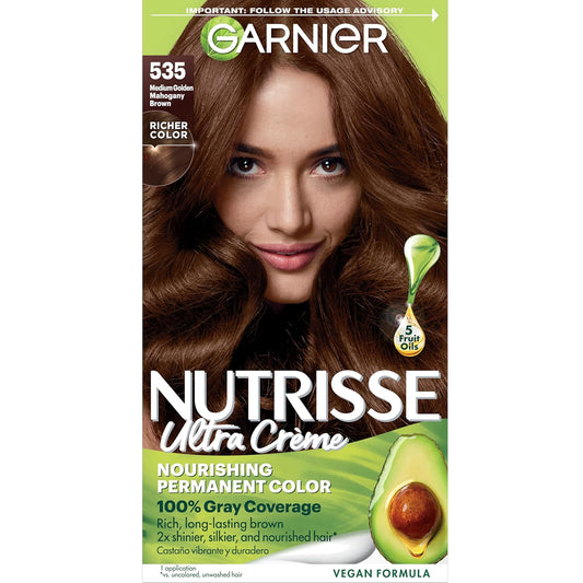 Garnier Hair Color Nutrisse Nourishing Creme, 535 Medium Golden Mahogany Brown (Chocolate Caramel) Permanent Hair Dye, 1 Count (Packaging May Vary)