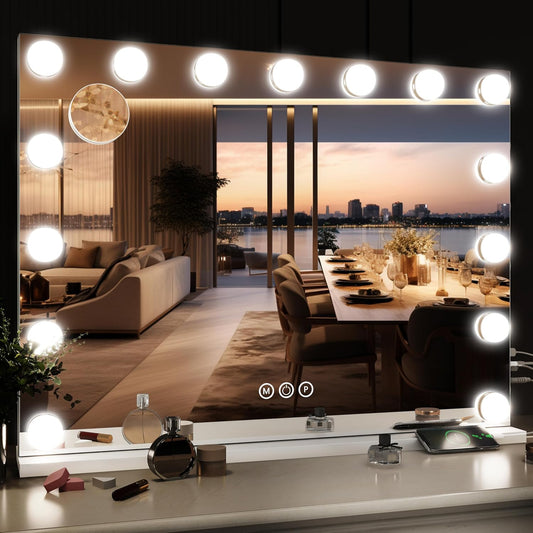 32"x24" Hollywood Vanity Mirror with Lights, 18 Dimmable LED Bulbs, 3 Color Modes, 10X Magnification, USB Charging Port, Tabletop or Wall-Mounted