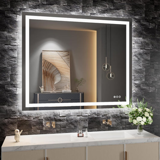 Amorho LED Bathroom Mirror 48"x 38" with Front and Backlight, Stepless Dimmable Wall Mirrors with Anti-Fog, Shatter-Proof, Memory, 3 Colors, Double LED Vanity Mirror(Horizontal/Vertical)