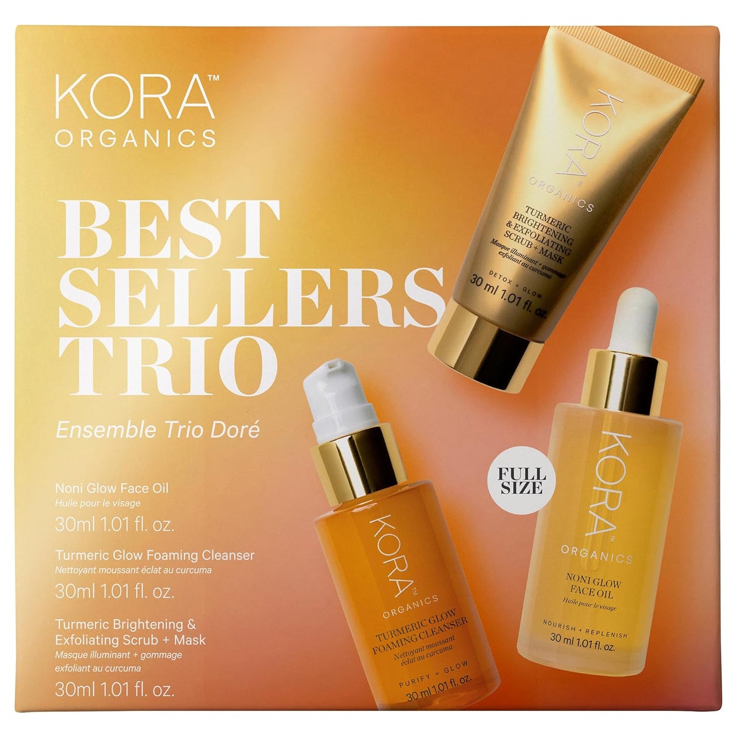 KORA Organics Best Sellers Trio, Gift Set with Noni Glow Face Oil, Turmeric Brightening & Exfoliating Mask and Foaming Cleanser (3 Items)