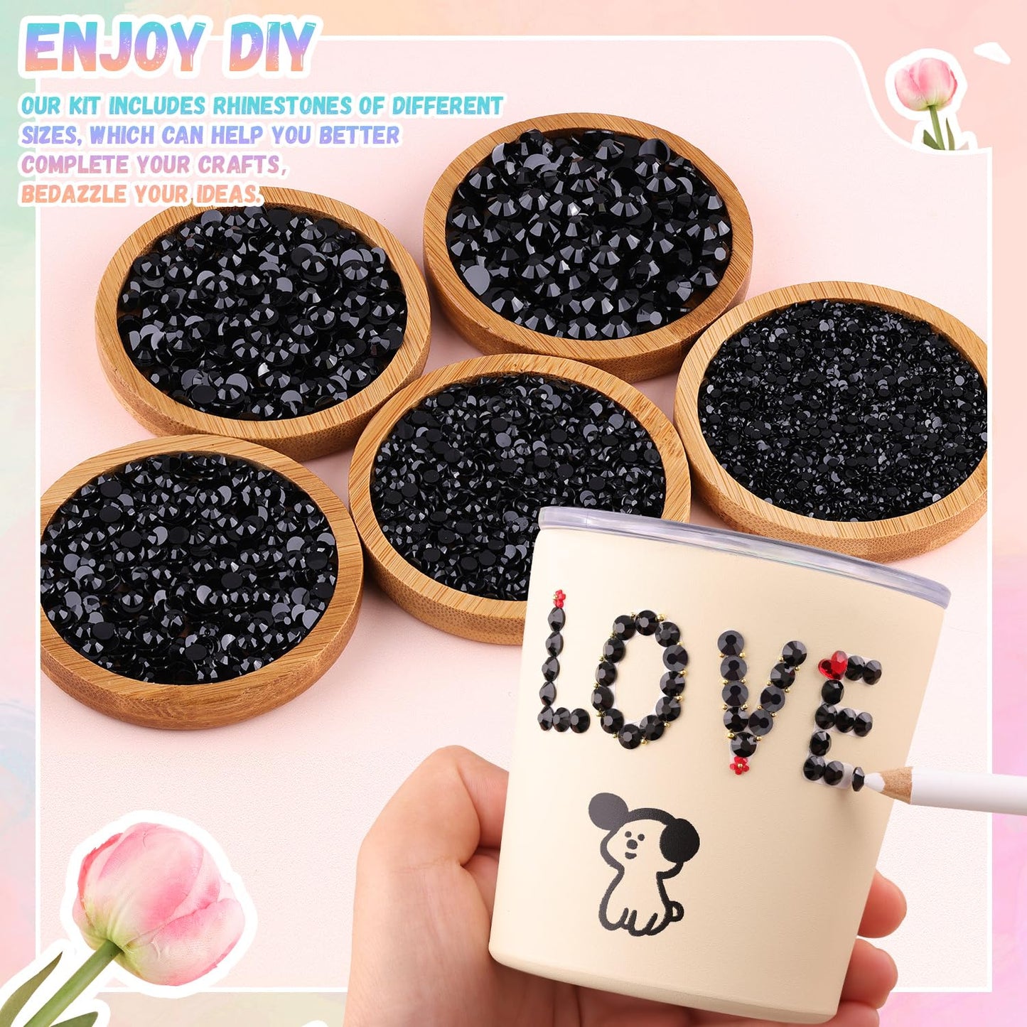 25000Pcs Resin Jelly Rhinestones with Tweezers for Crafting, 2-6mm Mixed Sizes (Black) Non Hotfix Flatback Gems, Bedazzling Crystal for DIY Crafts Clothing Tumblers Mugs Shoes Decor Nail Art