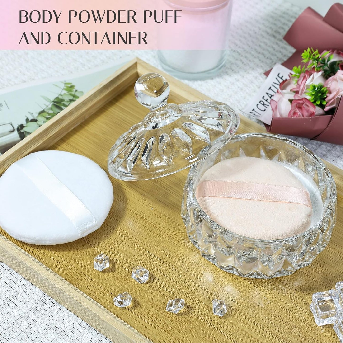 Body Powder Puff and Container, Crystal Dusting Powder Container with Puffs, Ridged-Lid Body Powder Jar with 2 Washable Reusable Soft Powder Puffs (Large Size)