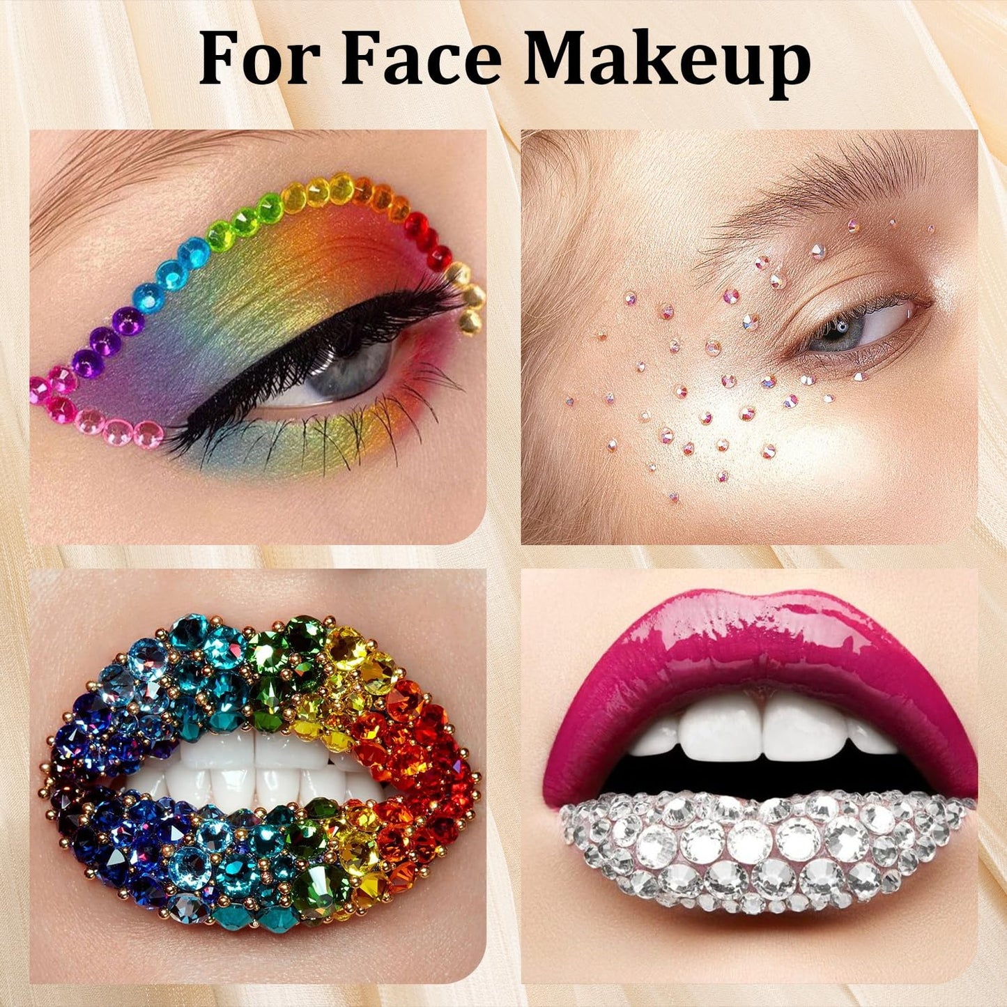 Colorful Face Gems for Makeup Set, Flatback Gorgeous Charming AB Glass Gem with Makeup Glue+Picker Pencil+Tweezer+Dual-End Dotting Tool for Eye Body Hair Make-up and Nail Art Deco