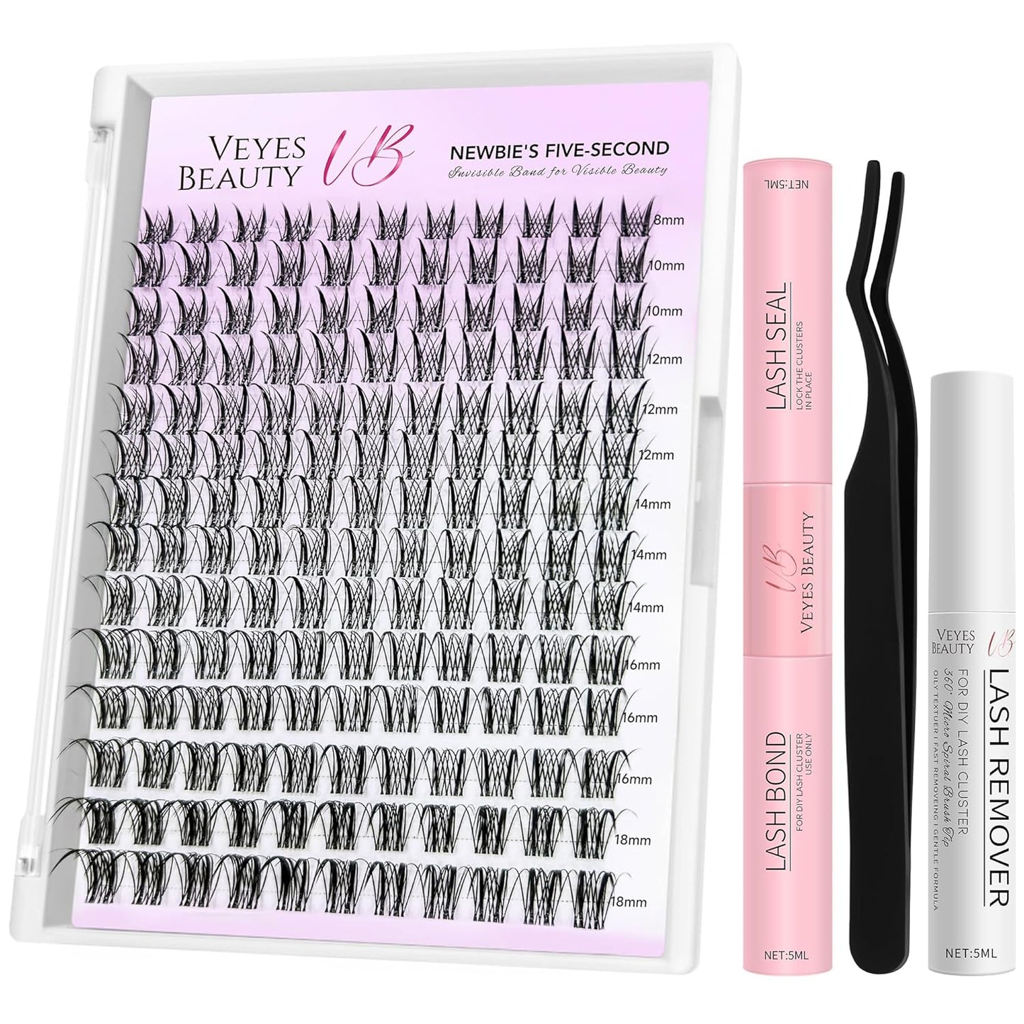 VEYESBEAUTY Lash Clusters Kit Eyelash Extensions Thin & Invisible Band DIY Individual False Eyelashes Newbie's Five-Second Series Lash Tray for Self-application, Sylph Lashes 8-18mm Mixed Length