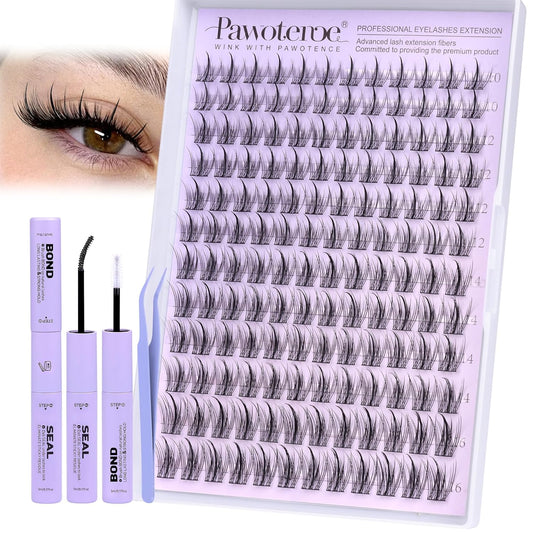 Pawotence Natural Lash Clusters Kit Eyelash Clusters 10-16mm Fairy Cluster Lashes Extension Kit Individual Lashes Cluster Wispy with Lashes Cluster Glue, Tweezers for Cluster Eyelash Extensions Kit