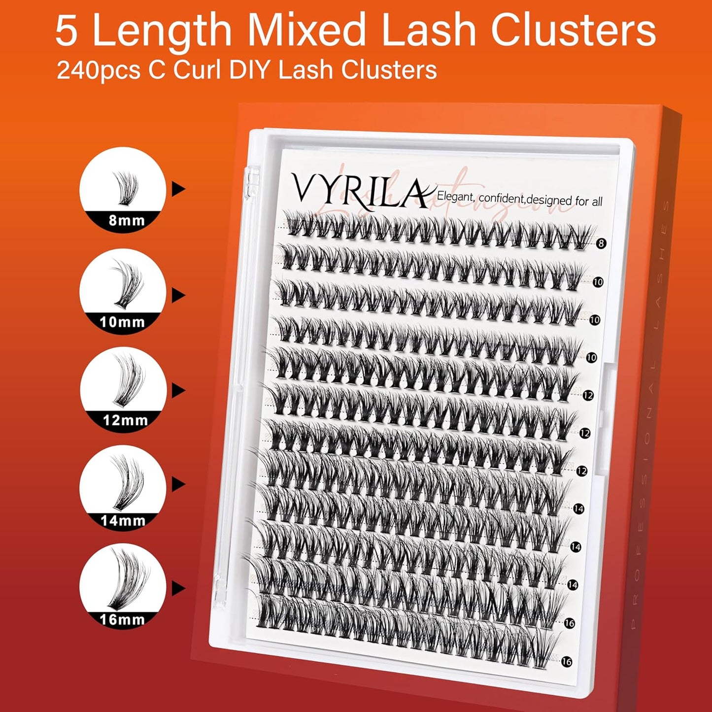 Lash Cluster 240pcs Individual Lashes,8-16mm Diy Lash Extension,C Curl Lash Clusters Wispy,3D Natural Lash Clusters Look Like Eyelash Extension DIY at Home (Orange 40P-C-8-16mix)