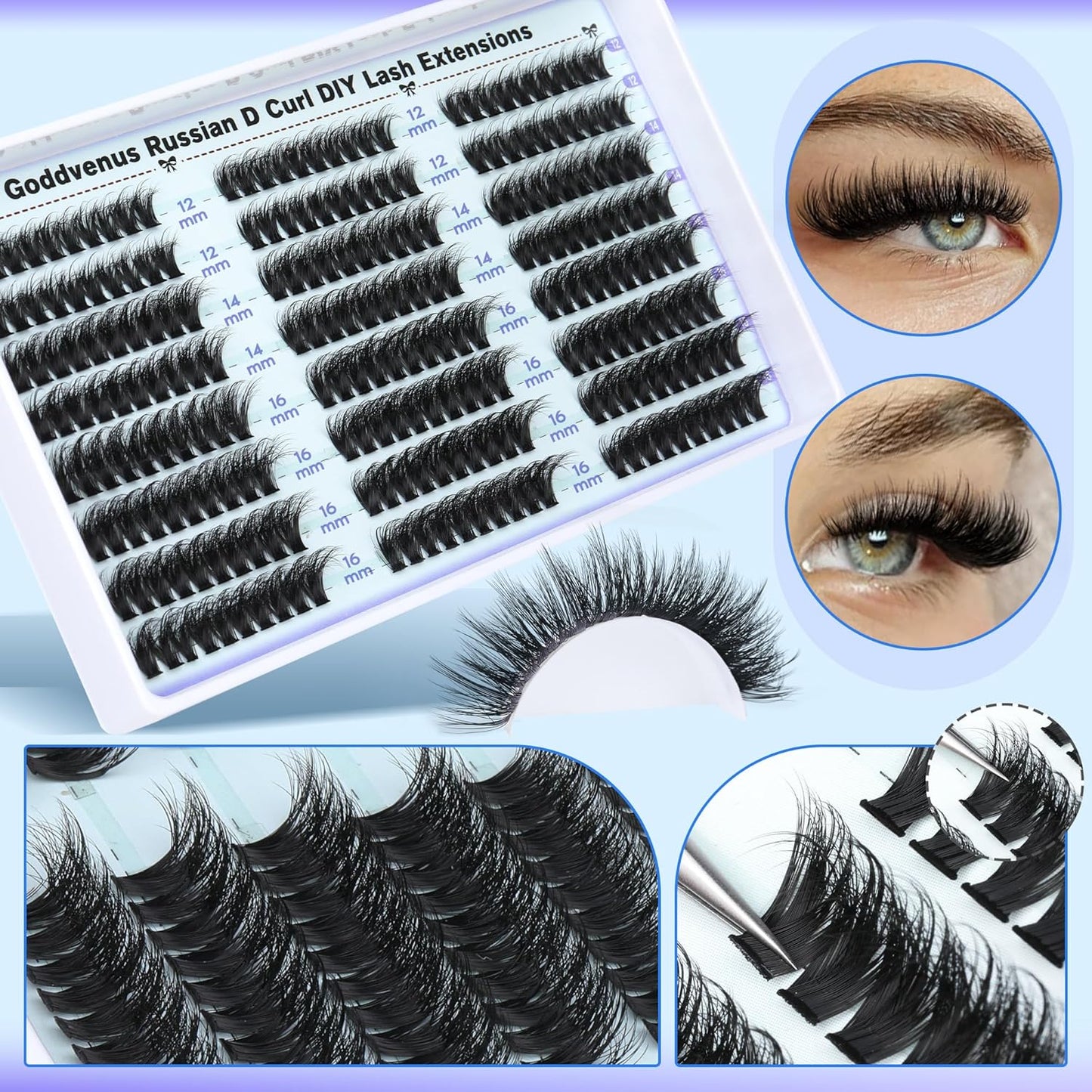 Lash Clusters Kit Wispy Lashes clusters Natural Fluffy Eyelashes Clusters 12mm 14mm 16mm Mixed Cluster Eyelash Extensions Kit D Curl DIY Individual Lashes Kit with Bond and Seal Lash Glue