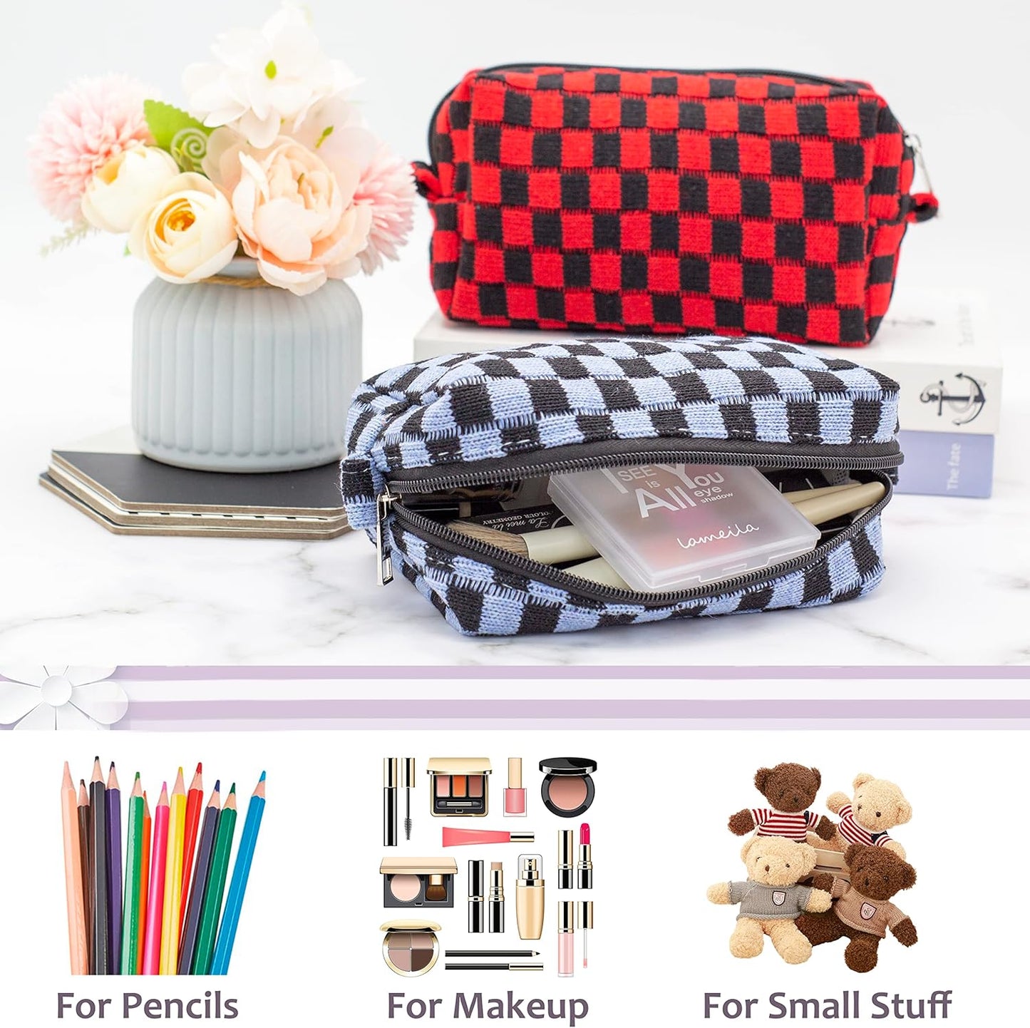 PAZIMIIK Checkered Makeup Bag for Purse Portable Zipper Make Up Pouch Small Cosmetic Case for Travel Accessories (Blue Black)