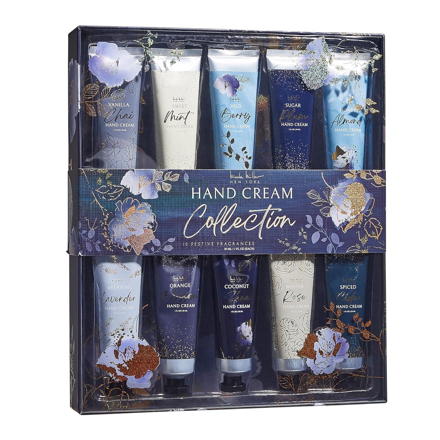 Nicole Miller New York 10-Piece Festive Fragrance Hand Cream Collection - 30ml Each Bottle, Ultra Hydrating Luxury for Your Hands, Navy Floral