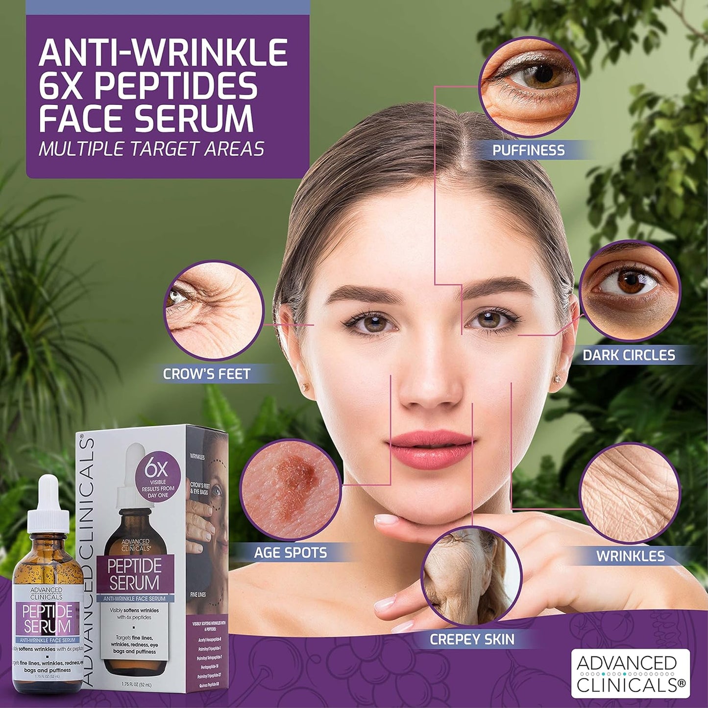Advanced Clinicals 6X Concentrate Peptides Serum For Face | Hydrating + Firming Anti Wrinkle Collagen Peptide Moisturizer Face Oil W/Vitamin E For Wrinkles, Puffiness, & Uneven Skin Tone, 1.75 Fl Oz