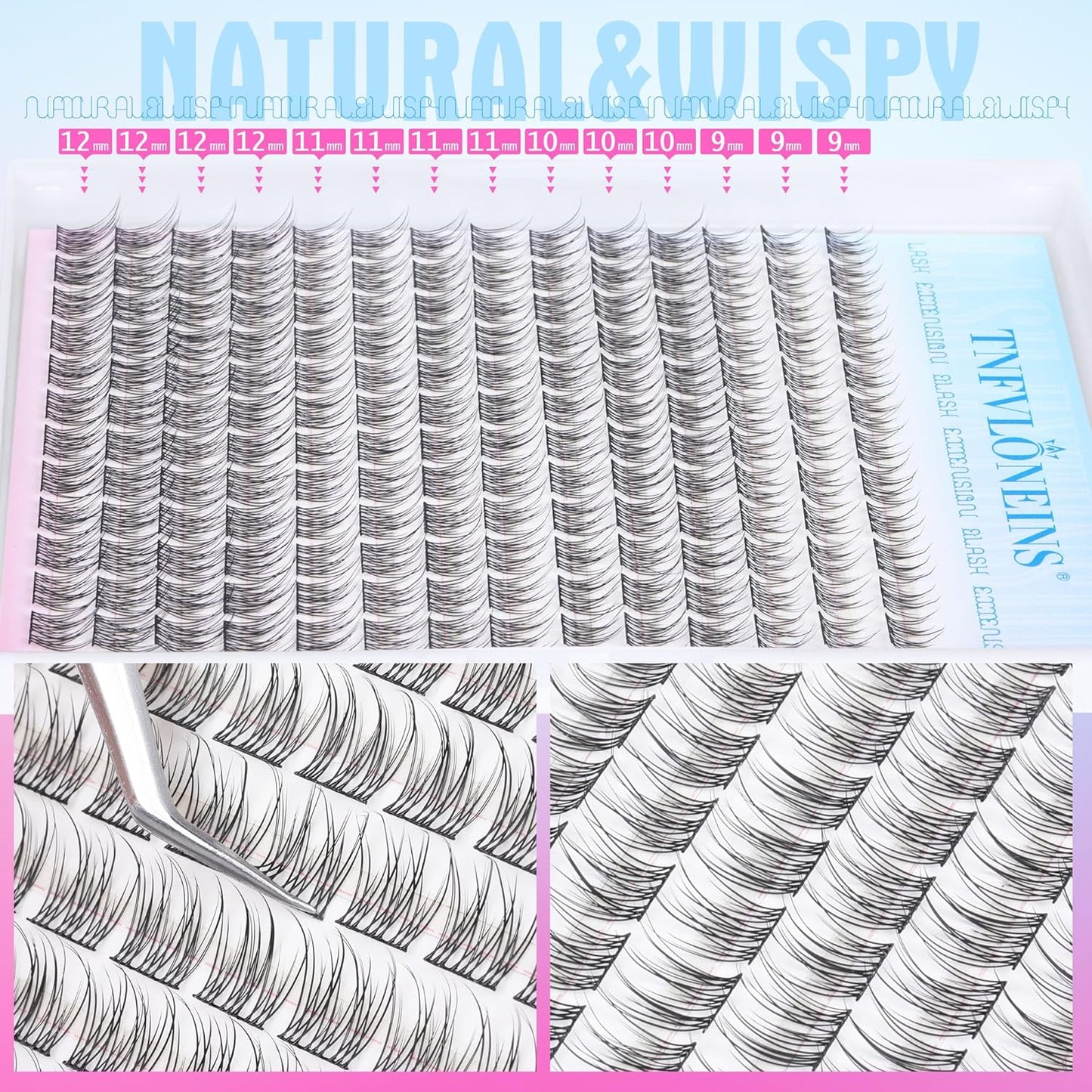 Natural Lash Extension Kit 168Pcs Lash Clusters Kit Wispy Eyelash Extensions 9-12MM Individual Lashes Extensions with Bond and Seal Lash Glue and Eyelash Extension Tweezers DIY at Home by TNFVLONEINS