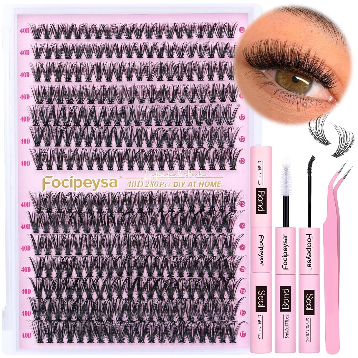 Focipeysa Eyelash Extension Kit D Curl Lash Clusters 280pcs DIY Lash Extension Kit 40D Individual Lashes with Lash Bond and Seal Lash Applicator DIY Lashes Kit for Individual Eyelashes Beginners