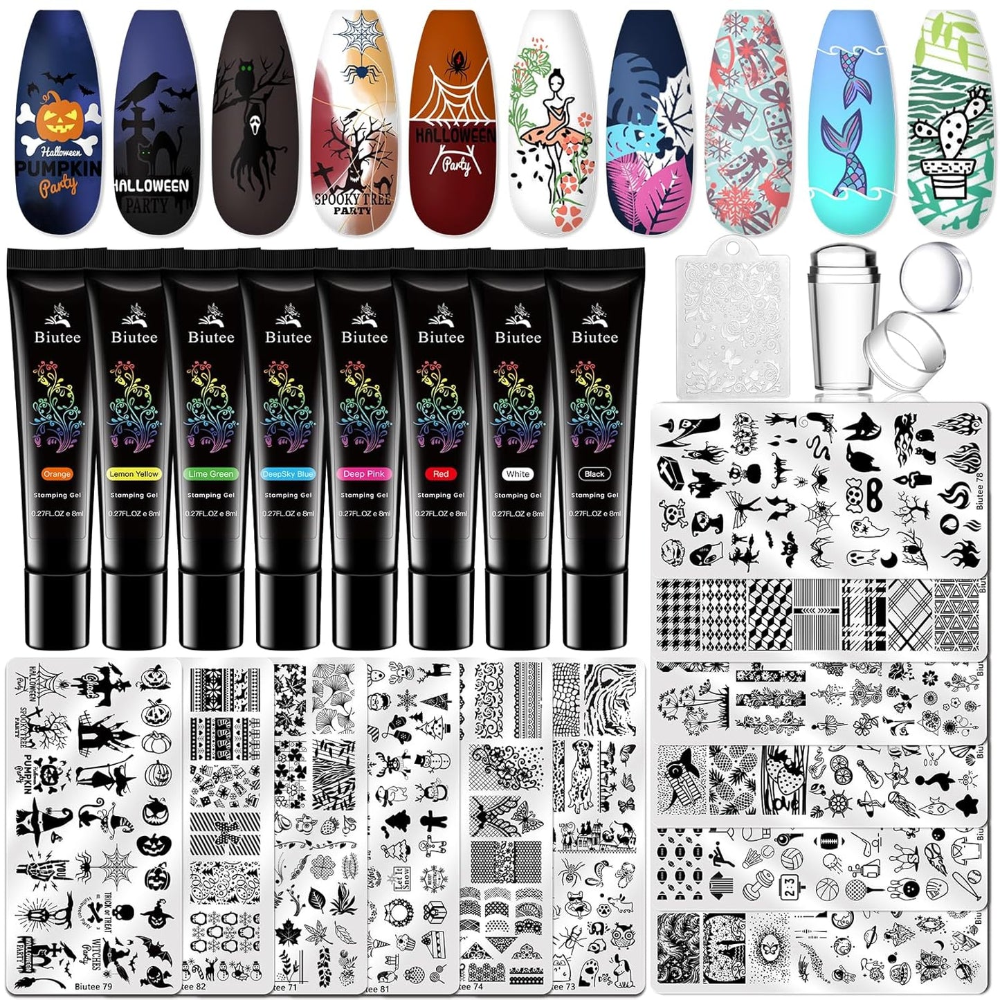 Biutee Nail Stamper Kit Nail Art Stamping Plate Set 8 Stamping Nail Polish Gel 12 Stamp Plate Jelly Silicone Stamper Flower Animal Lace Girl Star Rose Love Template Tool Supplies Halloween Design