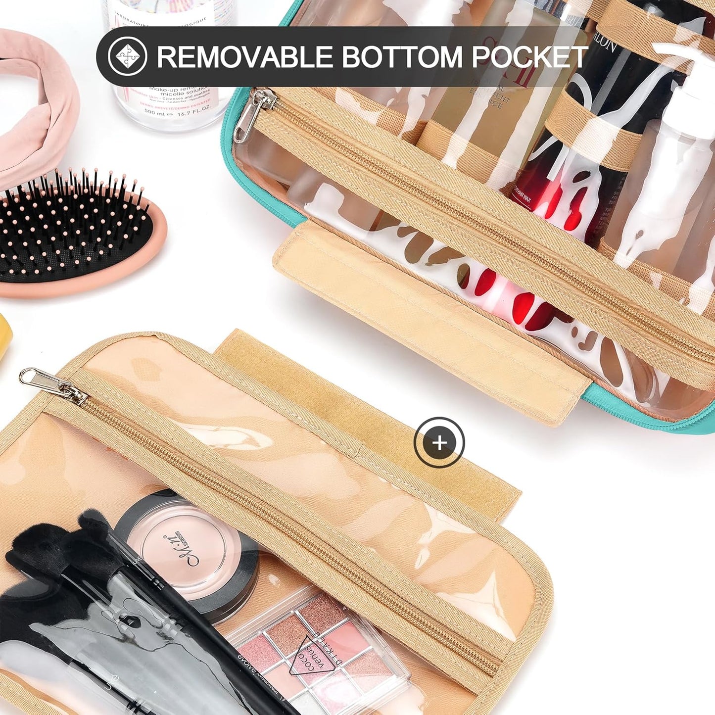 Travel Hanging Toiletry Bag for Women, with Jewelry Organizer Compartment, Medium Waterproof Hanging Makeup Accessories, Cosmetic Essentials, Toiletries Dopp Kit Set with Trolley Belt, Blue