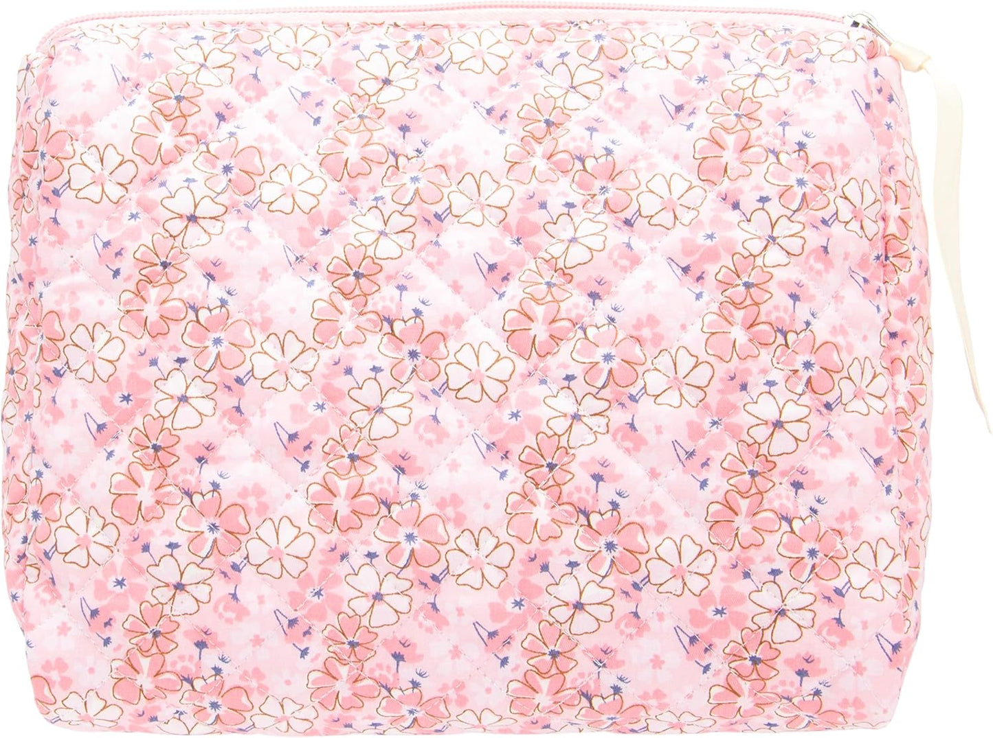 PAZIMIIK Quilted Makeup Bag Large Travel Zipper Soft Cosmetic Pouch for Women Girls Make Up,Pink Flower