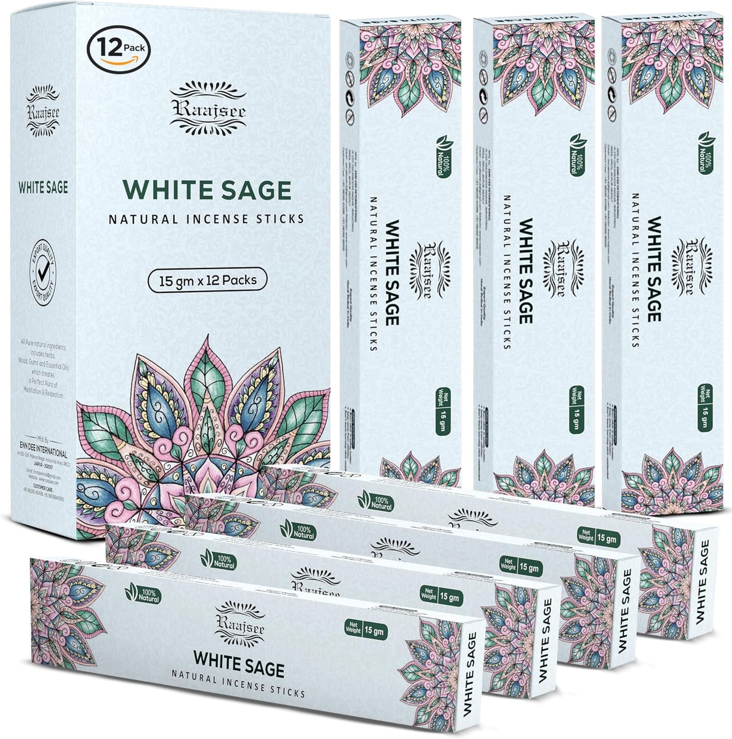 Raajsee White Sage Incense Sticks (180 gm), 100% Pure Organic Natural Hand Rolled Free from Chemicals - Perfect for Aromatherapy, Cleansing, Meditation, and Church (Pack of 12)